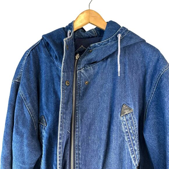 Vintage 80s Andy Johns Longline Denim Hooded Coat Jacket Utility Pockets Blue - Picture 3 of 15